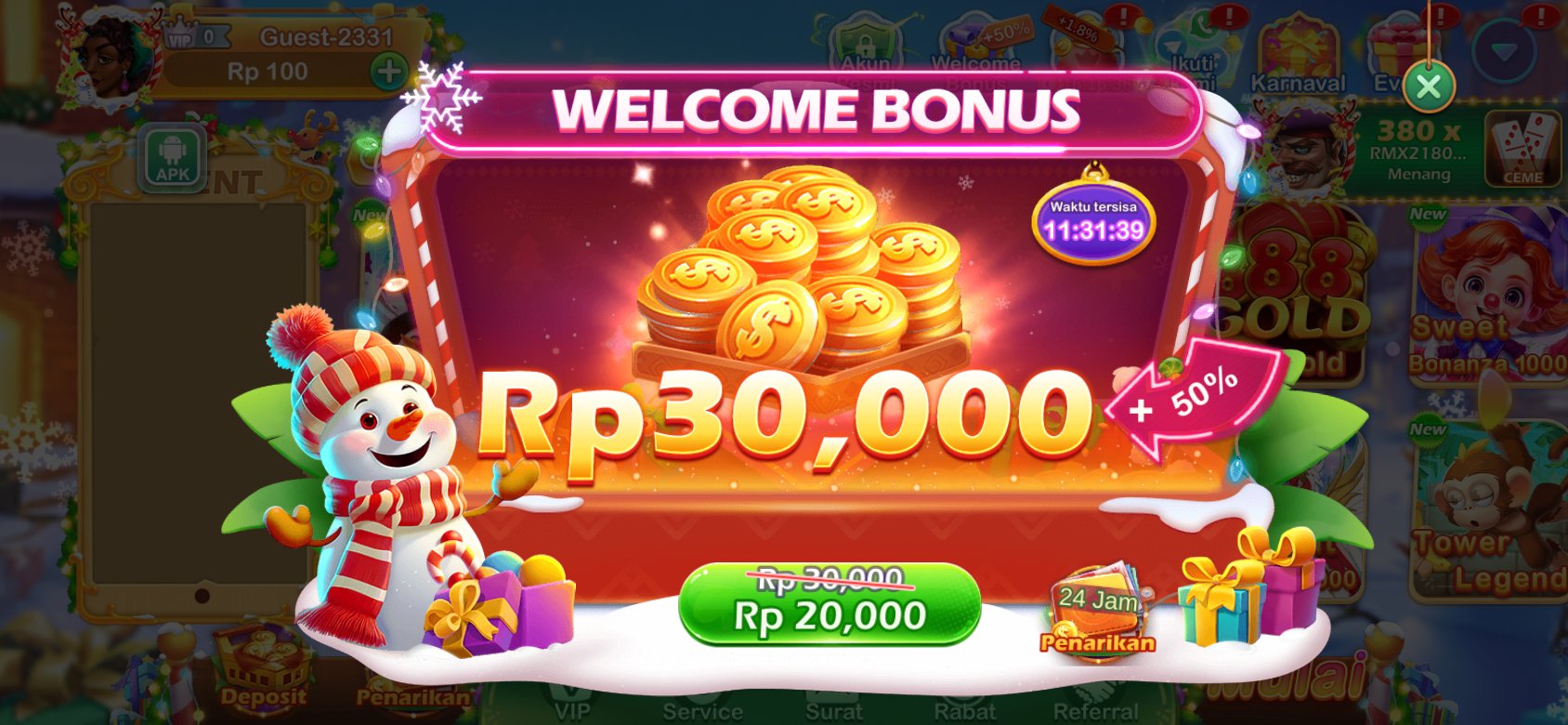 Tangkapan layar halaman promosi bonus aplikasi Slots idr yang menawarkan WELCOME BONUS.