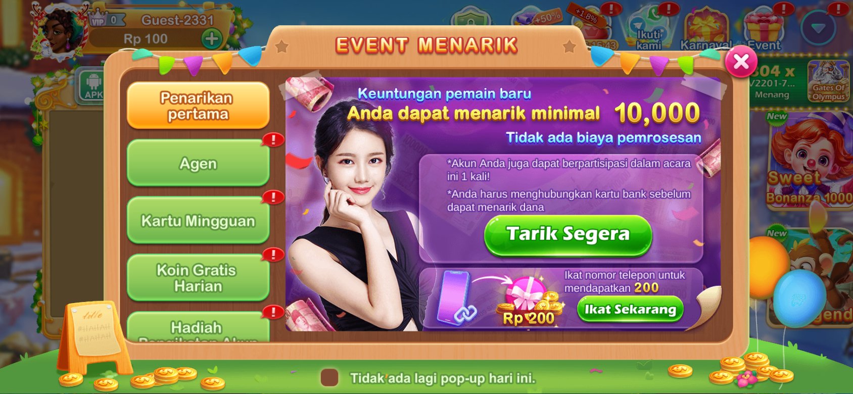 Tangkapan layar halaman penarikan dana aplikasi Slots idr dengan informasi tentang keuntungan untuk pemain baru.